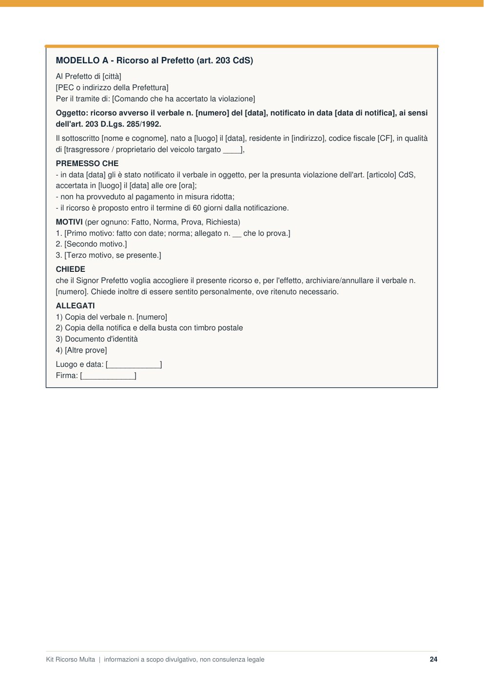 Pagina del Kit con il modello di ricorso al Prefetto da compilare