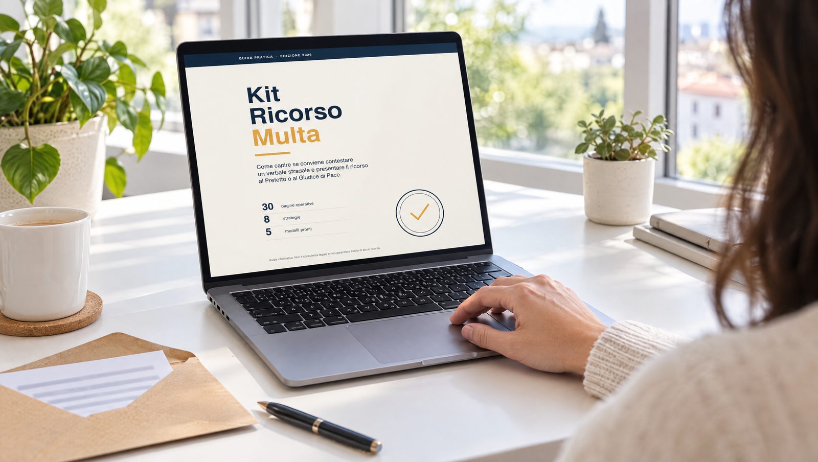 Il Kit Ricorso Multa aperto sul laptop, su una scrivania luminosa con la busta della multa