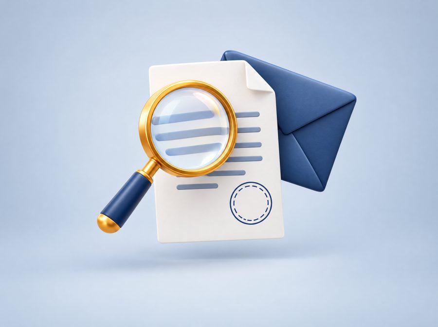 Lente d'ingrandimento sulle date di un documento e una busta